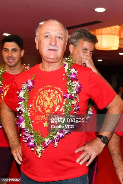 Manager Luiz Felipe Scolari of Guangzhou Evergrande Taobao F.C. Attends a celebration as the club wins the 2017 Chinese Super League title after the...