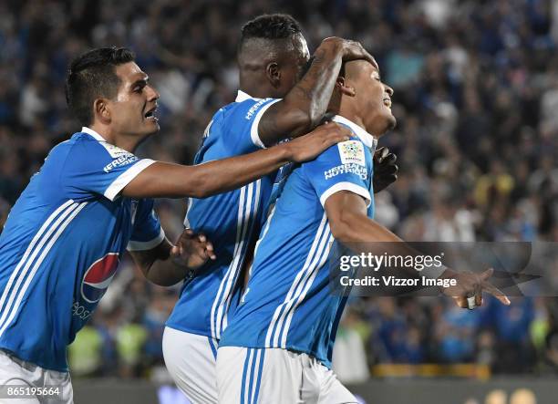 Ayron del Valle of Millonarios celebrates after scoring the second goal of his team during a match between Millonarios and Once Caldas as part of the...