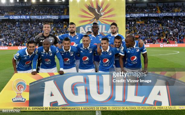 Players of Millonarios pose for a team photo prior to a match between Millonarios and Once Caldas as part of the 16th round of Liga Aguila II 2017 at...