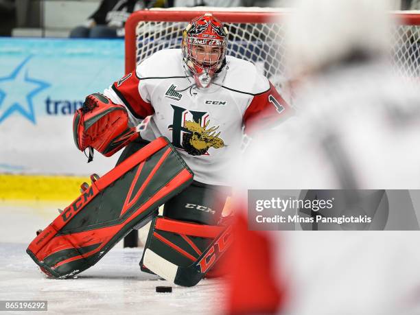 Alexis Gravel of the Halifax Mooseheads defends his net during the warmup prior to the QMJHL game against the Blainville-Boisbriand Armada at Centre...