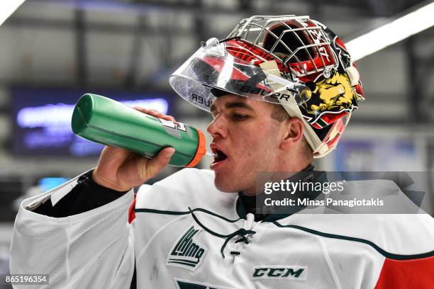 Alexis Gravel of the Halifax Mooseheads drinks during the warmup against the Blainville-Boisbriand Armada prior to the QMJHL game at Centre...