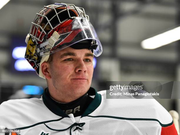 Alexis Gravel of the Halifax Mooseheads looks on during the warmup prior to the QMJHL game against the Blainville-Boisbriand Armada at Centre...