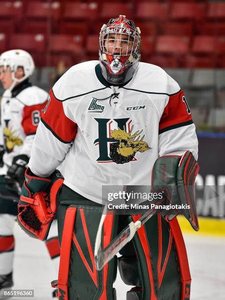 Alexis Gravel of the Halifax Mooseheads looks on as he skates against the Blainville-Boisbriand Armada during the warmup prior to the QMJHL game at...