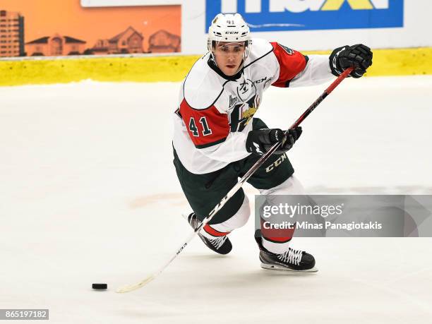 Maxime Fortier of the Halifax Mooseheads skates the puck against the Blainville-Boisbriand Armada during the QMJHL game at Centre d'Excellence Sports...