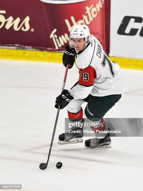 Jocktan Chainey of the Halifax Mooseheads skates the puck against the Blainville-Boisbriand Armada during the QMJHL game at Centre d'Excellence...