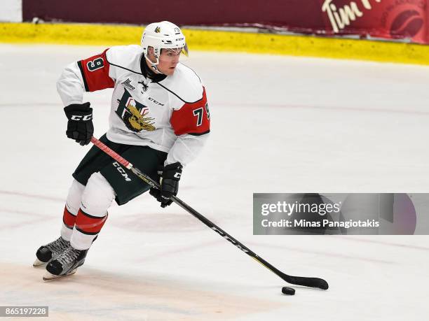 Jocktan Chainey of the Halifax Mooseheads skates the puck against the Blainville-Boisbriand Armada during the QMJHL game at Centre d'Excellence...