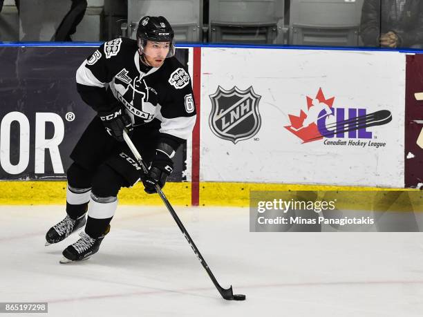 Antoine Crete-Belzile of the Blainville-Boisbriand Armada skates the puck against the Halifax Mooseheads during the QMJHL game at Centre d'Excellence...