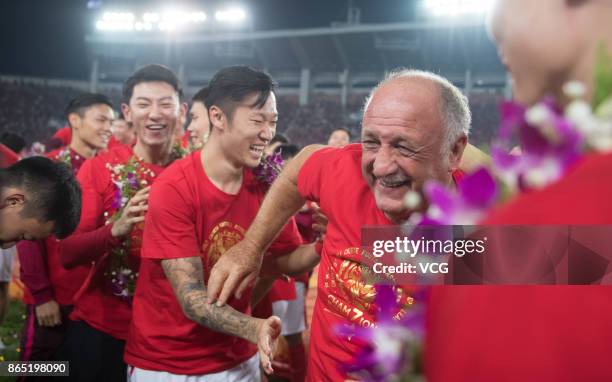 Manager Luiz Felipe Scolari of Guangzhou Evergrande Taobao F.C. Attends a celebration as the club wins the 2017 Chinese Super League title after the...