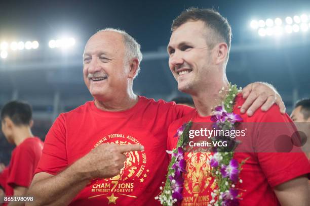 Manager Luiz Felipe Scolari of Guangzhou Evergrande Taobao F.C. Attends a celebration as the club wins the 2017 Chinese Super League title after the...