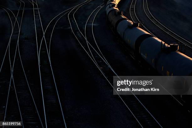 railroad switching yard in illinois. - railway tracks sunset stock pictures, royalty-free photos & images