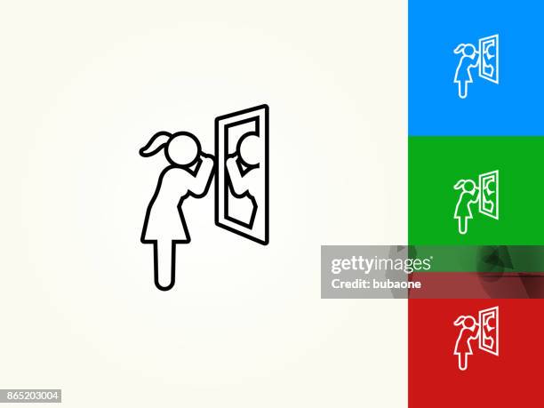 brushing teeth black stroke linear icon - woman brushing teeth stock illustrations