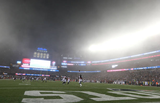 Atlanta Falcons Andre Roberts receives a kickoff in the fog during the third quarter. The New England Patriots hosted the Atlanta Falcons in an NFL...
