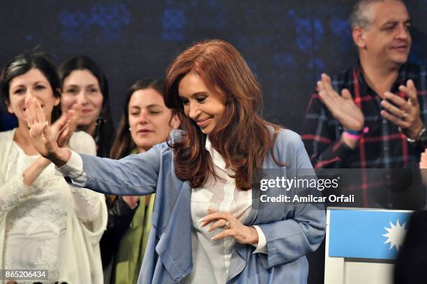 Cristina Fernandez de Kirchner, former president of Argentina and Senator candidate for Unidad Ciudadana, gestures to supporters after the Parliament...