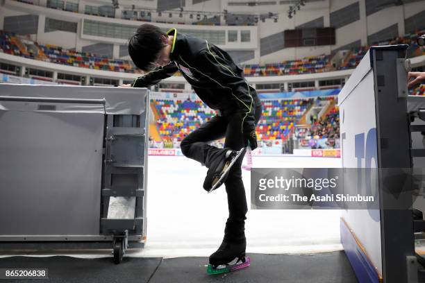 Yuzuru Hanyu of Japan is seen at a practice session prior to the Men's Singles Free Skating during day two of the ISU Grand Prix of Figure Skating...