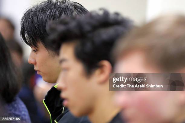 Silver medalist Yuzuru Hanyu of Japan attends a press conference after the Men's Singles Free Skating during day two of the ISU Grand Prix of Figure...