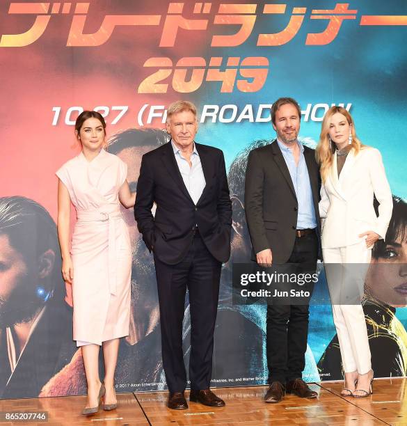 Ana de Armas, Harrison Ford, director Denis Villeneuve and Sylvia Hoeks attend the 'Blade Runner 2049' press confrence at the Ritz-Carlton on October...