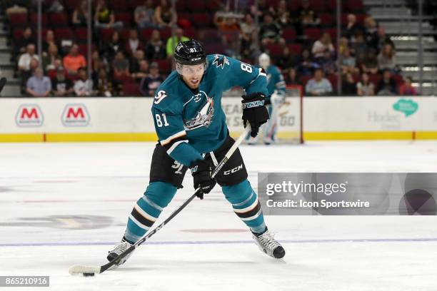 San Jose Barracuda defenseman Jeremy Roy shoots the puck during the first period of the American Hockey League game between the San Jose Barracuda...
