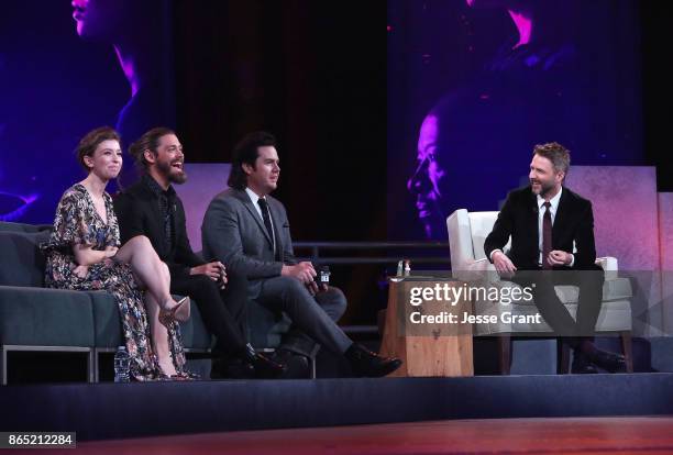 Katelyn Nacon, Tom Payne, Josh McDermitt and host Chris Hardwick speak onstage at The Walking Dead 100th Episode Premiere and Party on October 22,...