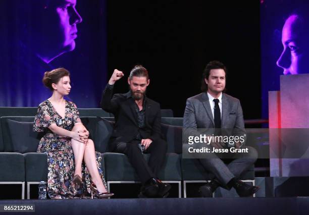 Katelyn Nacon, Tom Payne and Josh McDermitt speak onstage at The Walking Dead 100th Episode Premiere and Party on October 22, 2017 in Los Angeles,...