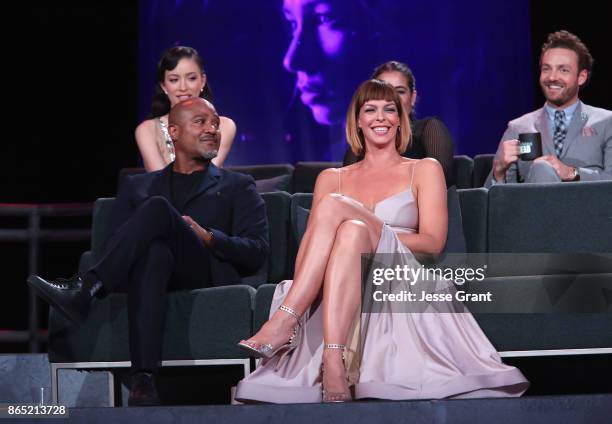 Christian Serratos, Seth Gilliam, Pollyanna McIntosh and Ross Marquand speak onstage at The Walking Dead 100th Episode Premiere and Party on October...