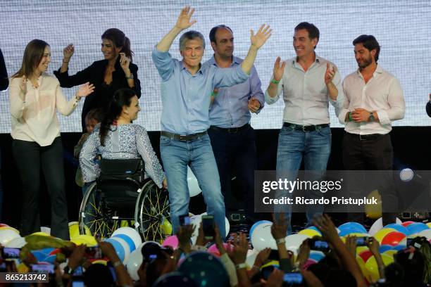 Mauricio Macri, President of Argentina and members of Cambiemos party celebrate after the Parliament elections at Bunker of Cambiemos in Costa...