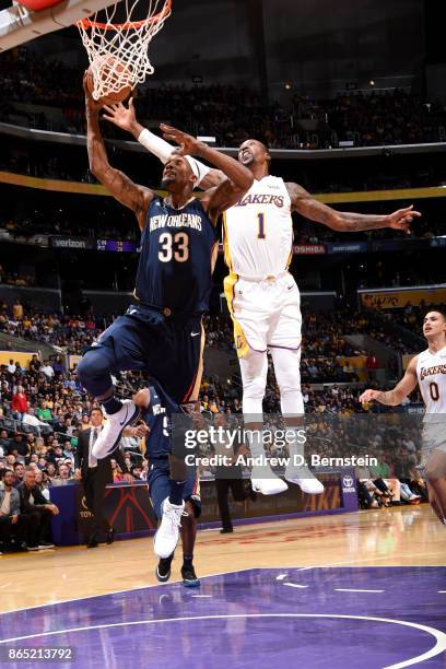 Omer Asik of the New Orleans Pelicans shoots the ball during the game against the Los Angeles Lakers on October 22, 2017 at STAPLES Center in Los...