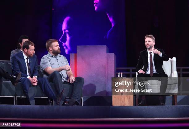 Executive producers Scott M. Gimple and Robert Kirkman and host Chris Hardwick speak onstage at The Walking Dead 100th Episode Premiere and Party on...