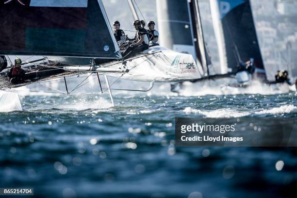 The 'Oman Air' race team in action close to the shore, skippered by Phill Robertson with team mates Pete Greenhalgh , Ed Smyth , James Wierzbowski...