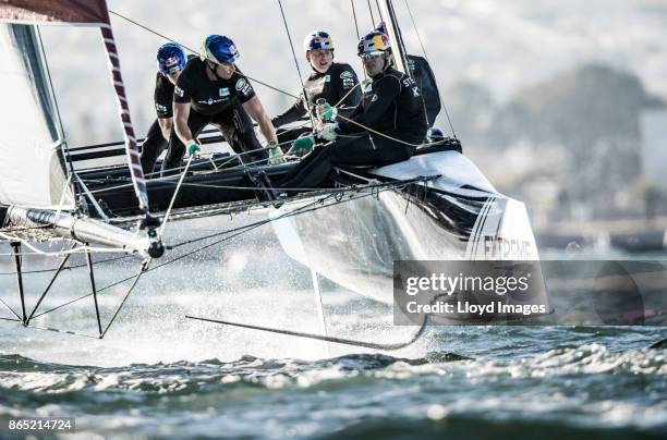 Red Bull Sailing Team' in action close to the city during the Extreme Sailing Series on October 22, 2017 in San Diego, California.