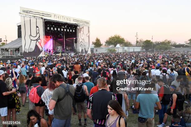 Festivalgoers watch Big Gigantic perform at Piestewa Stage during day 3 of the 2017 Lost Lake Festival on October 22, 2017 in Phoenix, Arizona.