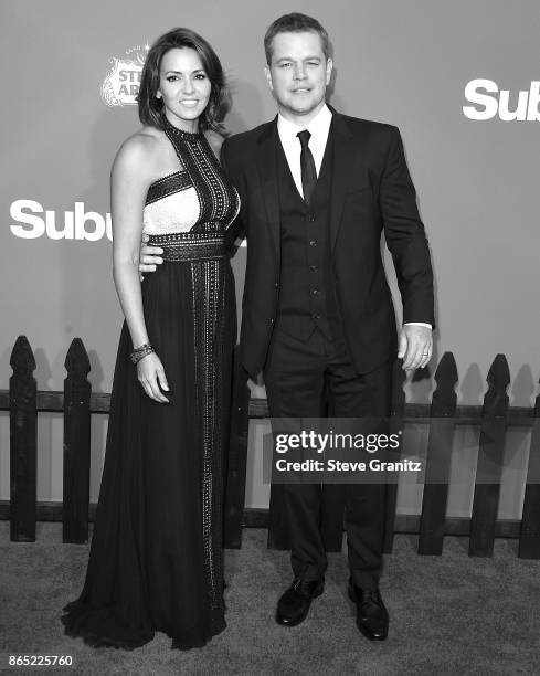 Matt Damon, Luciana Damon arrives at the Premiere Of Paramount Pictures' "Suburbicon" at Regency Village Theatre on October 22, 2017 in Westwood,...