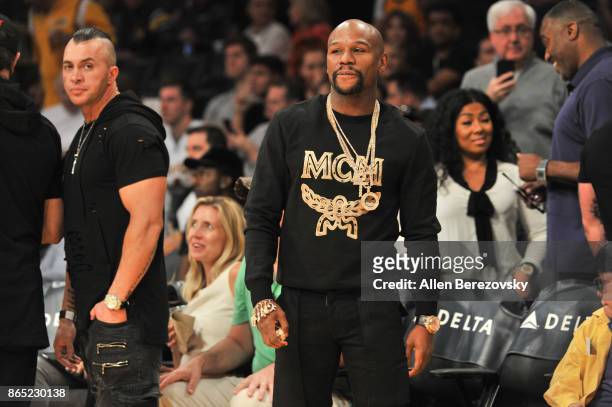 Boxer Floyd Mayweather, Jr. Attends a basketball game between the Los Angeles Lakers and the New Orleans Pelicans at Staples Center on October 22,...