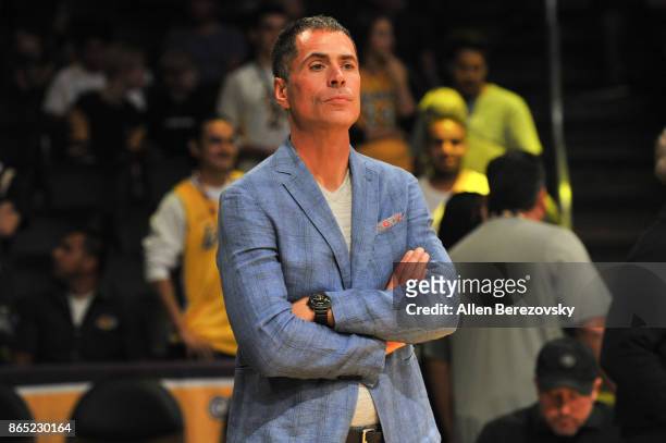 Lakers GM Rob Pelinka attends a basketball game between the Los Angeles Lakers and the New Orleans Pelicans at Staples Center on October 22, 2017 in...