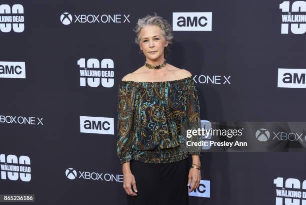 Melissa McBride attends AMC Celebrates The 100th Episode Of "The Walking Dead" - Arrivals at The Greek Theatre on October 22, 2017 in Los Angeles,...