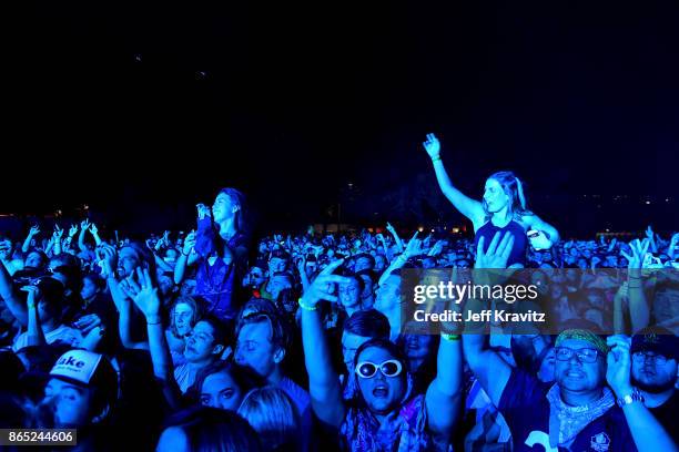 Festivalgoers watch Major Lazer perform at Piestewa Stage during day 3 of the 2017 Lost Lake Festival on October 22, 2017 in Phoenix, Arizona.