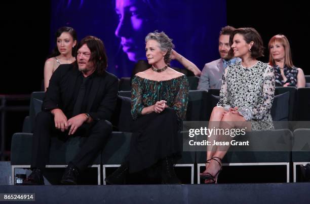 Christian Serratos, Norman Reedus, Melissa McBride, Ross Marquand, Lauren Cohan and Gale Anne Hurd speak onstage at The Walking Dead 100th Episode...