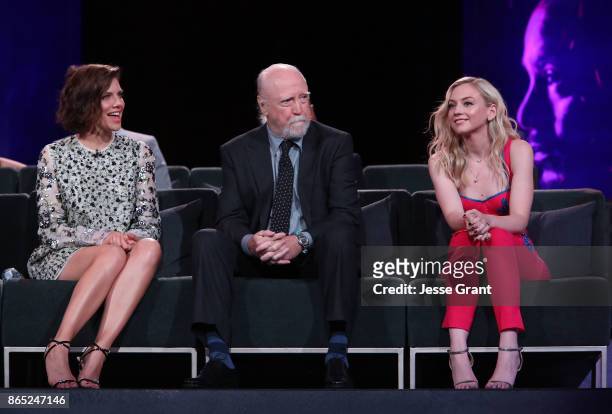 Lauren Cohan, Scott Wilson and Emily Kinney speak onstage at The Walking Dead 100th Episode Premiere and Party on October 22, 2017 in Los Angeles,...