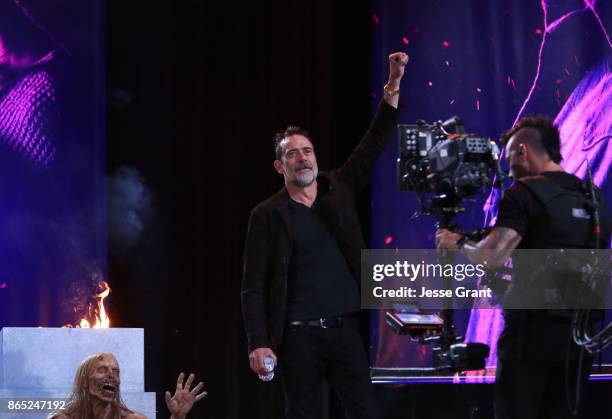 Jeffrey Dean Morgan gestures onstage at The Walking Dead 100th Episode Premiere and Party on October 22, 2017 in Los Angeles, California.