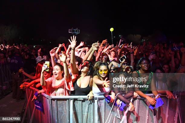 Festivalgoers watch Major Lazer perform at Piestewa Stage during day 3 of the 2017 Lost Lake Festival on October 22, 2017 in Phoenix, Arizona.