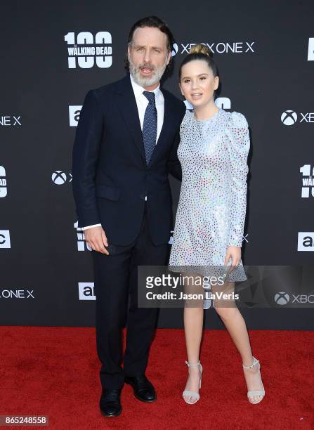 Actor Andrew Lincoln and actress Kyla Kenedy attend the 100th episode celebration off "The Walking Dead" at The Greek Theatre on October 22, 2017 in...