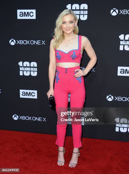 Actress Emily Kinney attends the 100th episode celebration off "The Walking Dead" at The Greek Theatre on October 22, 2017 in Los Angeles, California.