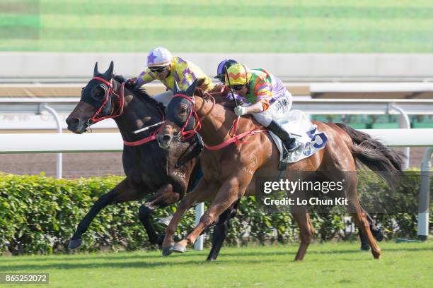 Jockey Neil Callan riding Let's Take It Easy wins Race 5 A. Lange & Sohne Excellent Handicap at Sha Tin racecourse on October 22, 2017 in Hong Kong,...