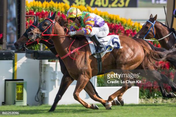 Jockey Neil Callan riding Let's Take It Easy wins Race 5 A. Lange & Sohne Excellent Handicap at Sha Tin racecourse on October 22, 2017 in Hong Kong,...