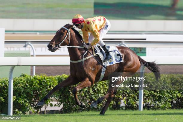 Jockey Zac Purton riding Gold Mount wins Race 6 Bulgari Excellent Handicap at Sha Tin racecourse on October 22, 2017 in Hong Kong, Hong Kong.