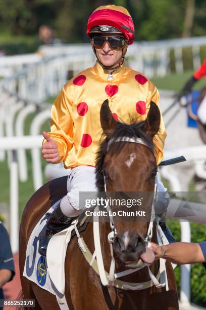 Jockey Zac Purton riding Gold Mount wins Race 6 Bulgari Excellent Handicap at Sha Tin racecourse on October 22, 2017 in Hong Kong, Hong Kong.