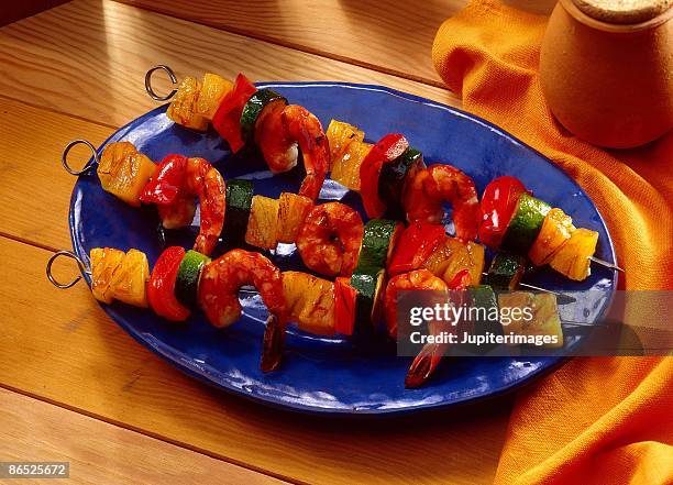 shrimp and vegetable shish kababs - teriyaki stock pictures, royalty-free photos & images