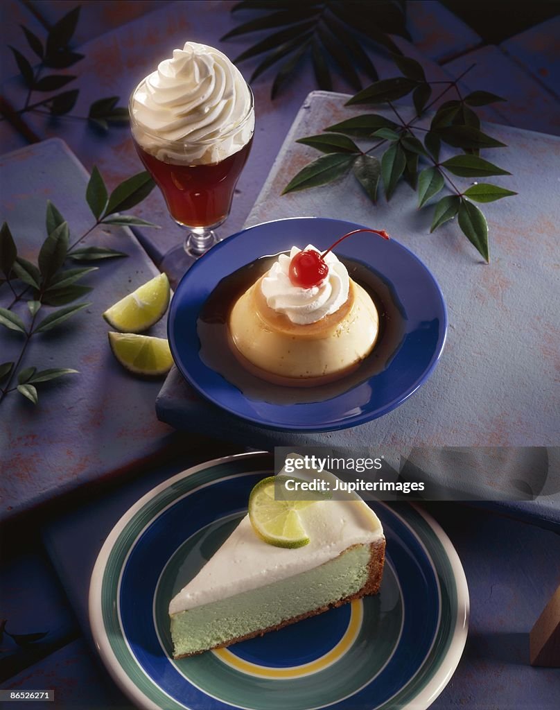 Flan , key lime pie , and beverage