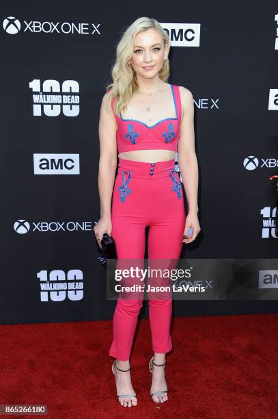 Actress Emily Kinney attends the 100th episode celebration off "The Walking Dead" at The Greek Theatre on October 22, 2017 in Los Angeles, California.