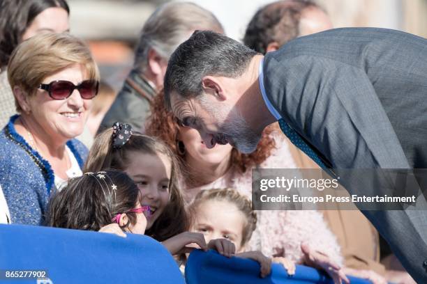 King Felipe VI of Spain visits Porenu village on October 21, 2017 in Villaviciosa, Spain. Porenu has been honoured as the 2017 Best Asturian Village...