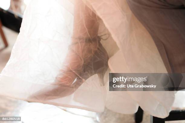 Berlin, Germany The foot of a bride shines through a tulle dress on July 15, 2017 in Berlin, Germany.